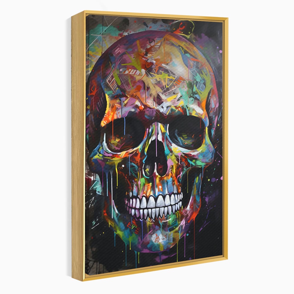 Tablou canvas cu tablou canvas cu craniu multicolor, in rama de aluminiu auriu